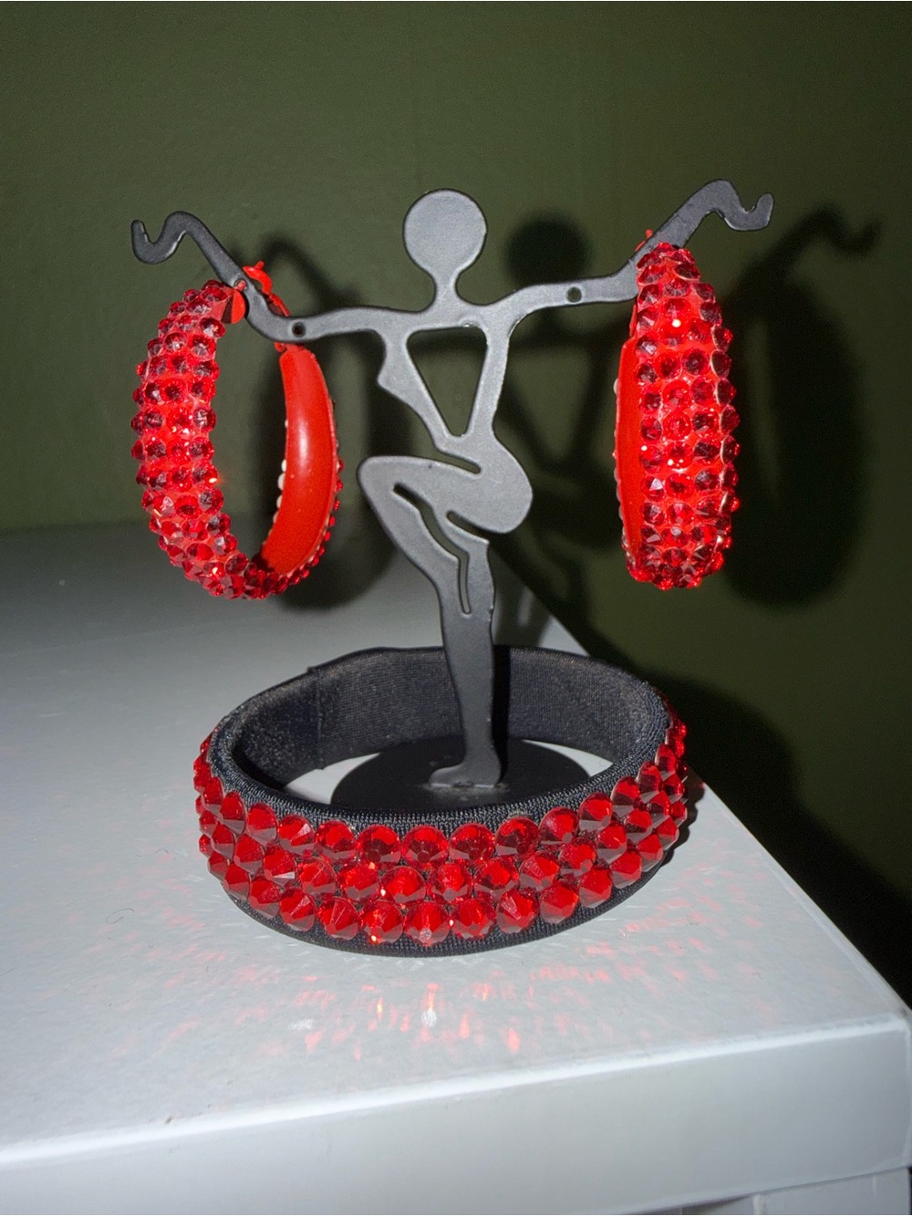 Red Crystal Hoop Earrings and Bracelet Set for ballroom and Latin dance